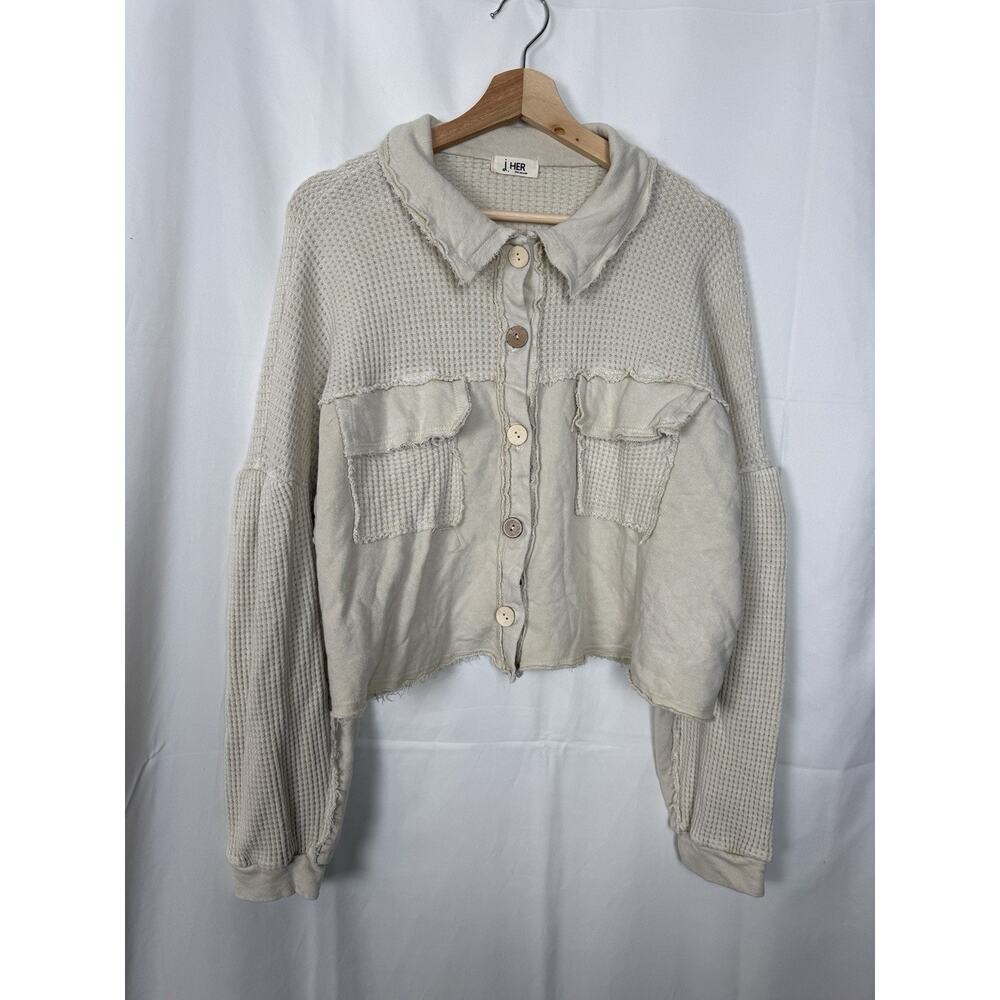 j. HER Waffle Knit Button-Up Shacket Women’s Large White Textured Raw Hem Cotton